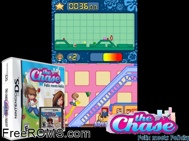 Chase - Felix Meets Felicity, The NDS game showing 3D box cover and gameplay screenshot