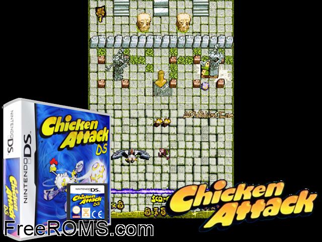 Chicken Attack DS Europe NDS game showing 3D box cover and gameplay screenshot