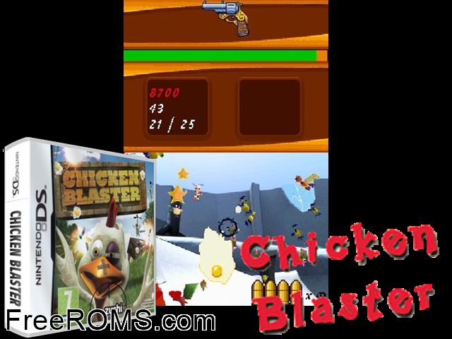 Chicken Blaster NDS game showing 3D box cover and gameplay screenshot
