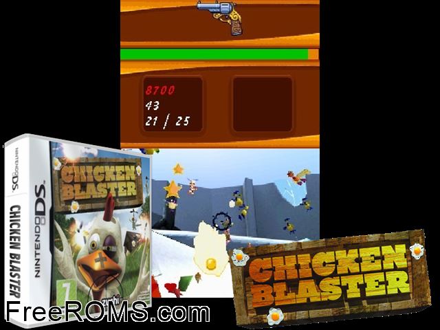 Chicken Blaster Europe NDS game showing 3D box cover and gameplay screenshot