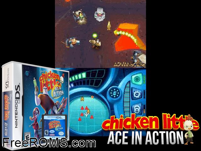 Chicken Little - Ace in Action NDS game showing 3D box cover and gameplay screenshot