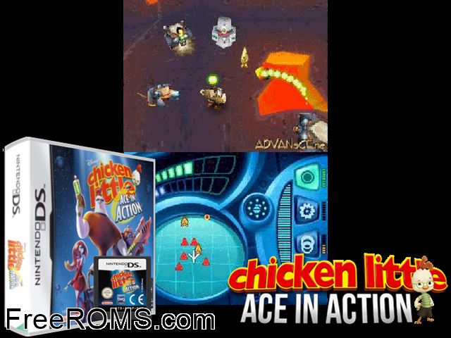 Chicken Little - Ace in Action Europe NDS game showing 3D box cover and gameplay screenshot