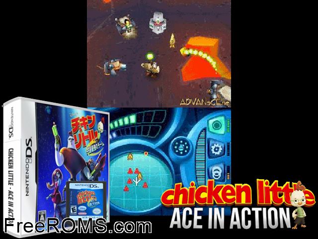 Chicken Little - Uchuu Saikyou no Team Japan NDS game showing 3D box cover and gameplay screenshot