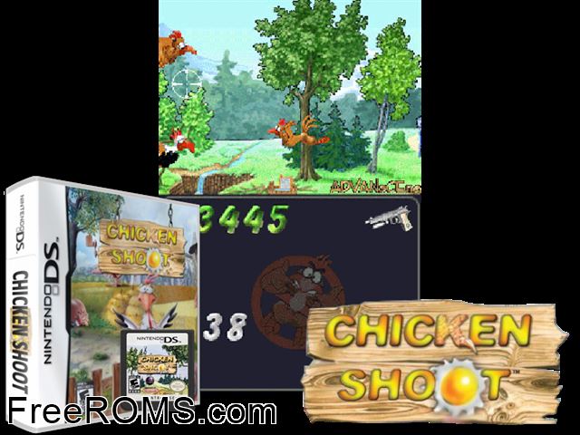 Chicken Shoot NDS game showing 3D box cover and gameplay screenshot