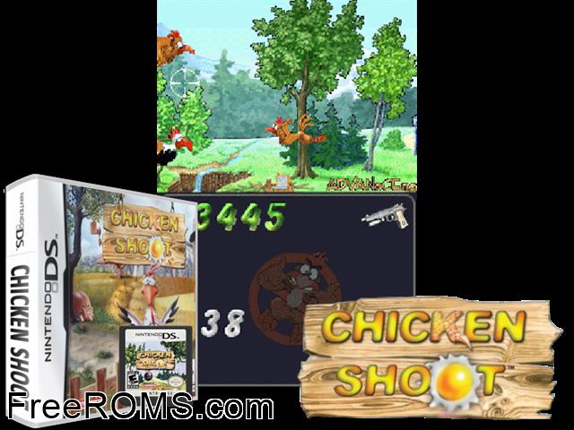 Chicken Shoot Europe NDS game showing 3D box cover and gameplay screenshot