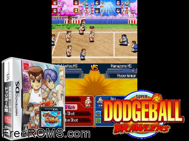 Chou Nekketsu Koukou Kuniokun - Dodgeball Bu Japan NDS game showing 3D box cover and gameplay screenshot