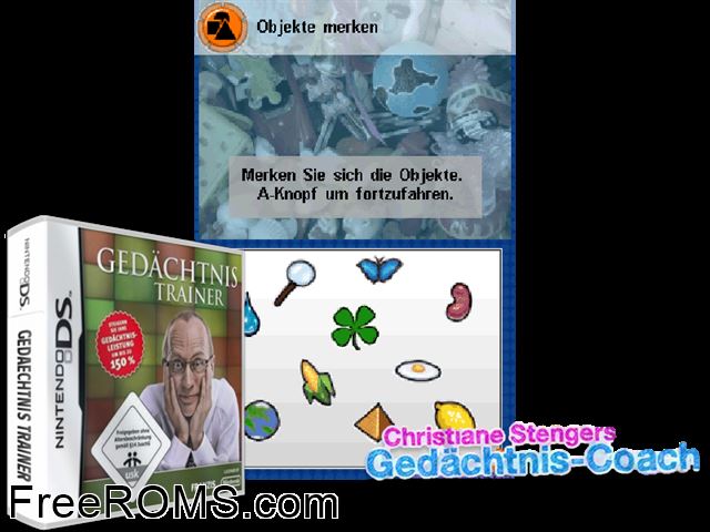 Christiane Stengers Gedaechtnis-Coach Europe NDS game showing 3D box cover and gameplay screenshot