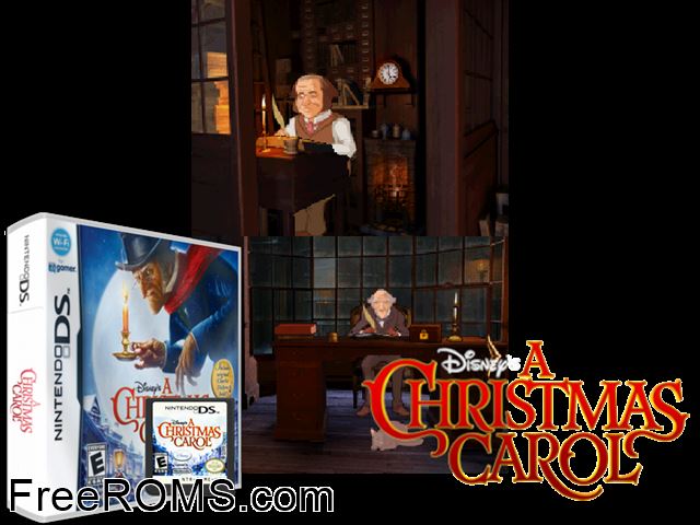 Christmas Carol, A NDS game showing 3D box cover and gameplay screenshot