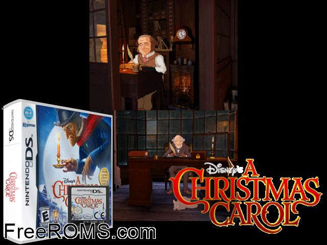 Christmas Carol, A Europe NDS game showing 3D box cover and gameplay screenshot