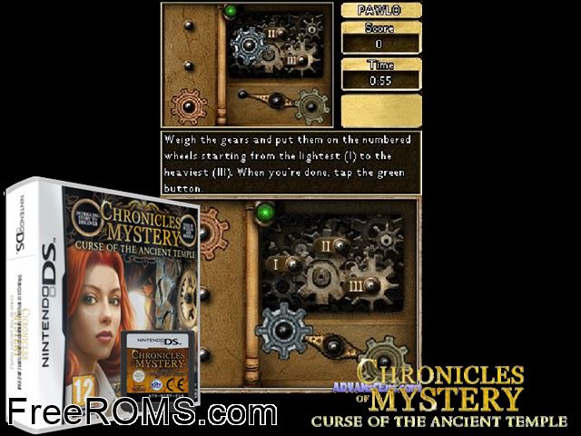 Chronicles of Mystery - Curse of the Ancient Temple NDS game showing 3D box cover and gameplay screenshot