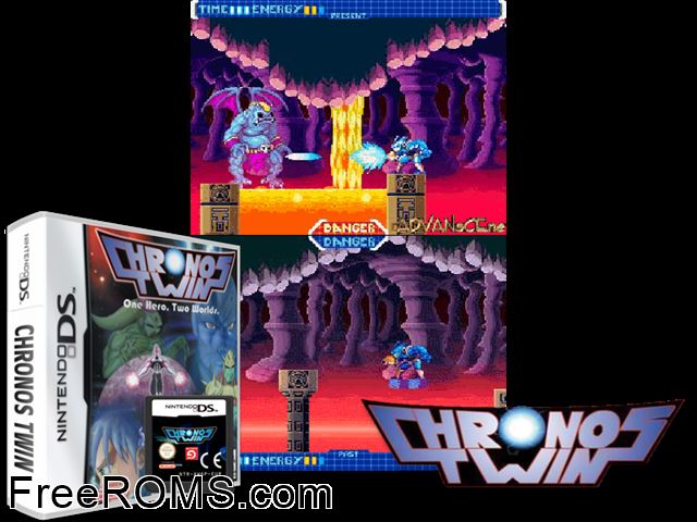Chronos Twin Europe NDS game showing 3D box cover and gameplay screenshot