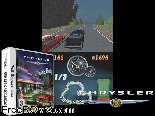 Chrysler Classic Racing Europe NDS game showing 3D box cover and gameplay screenshot