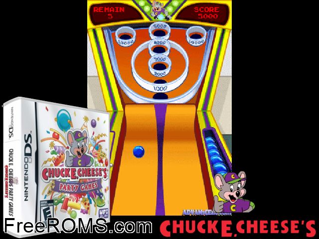 Chuck E. Cheeses Party Games NDS game showing 3D box cover and gameplay screenshot