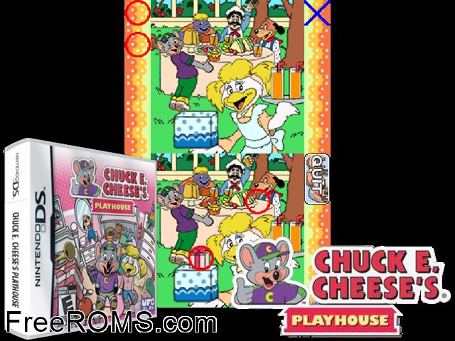 Chuck E. Cheeses Playhouse NDS game showing 3D box cover and gameplay screenshot