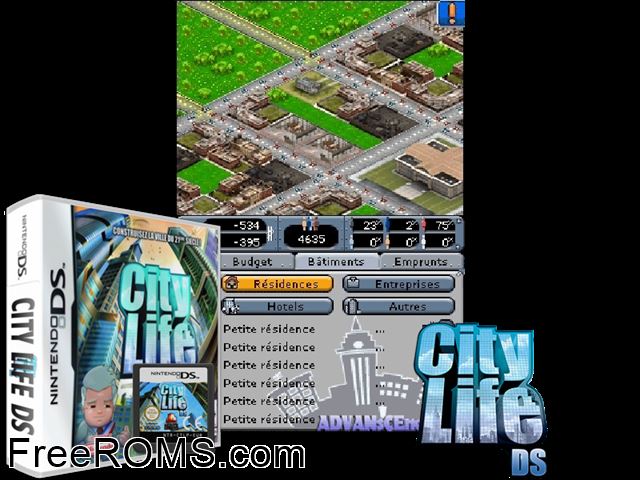 City Life DS Europe NDS game showing 3D box cover and gameplay screenshot