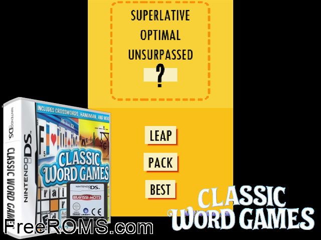 Classic Word Games Europe NDS game showing 3D box cover and gameplay screenshot
