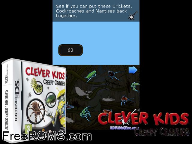 Clever Kids - Creepy Crawlies Europe NDS game showing 3D box cover and gameplay screenshot