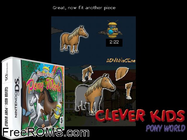 Clever Kids - Pony World Europe NDS game showing 3D box cover and gameplay screenshot