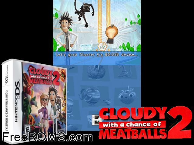 Cloudy with a Chance of Meatballs 2 Europe NDS game showing 3D box cover and gameplay screenshot
