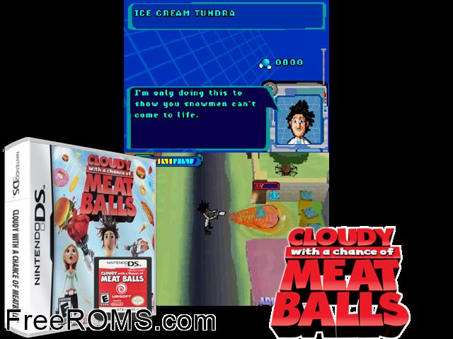 Cloudy with a Chance of Meatballs Europe NDS game showing 3D box cover and gameplay screenshot