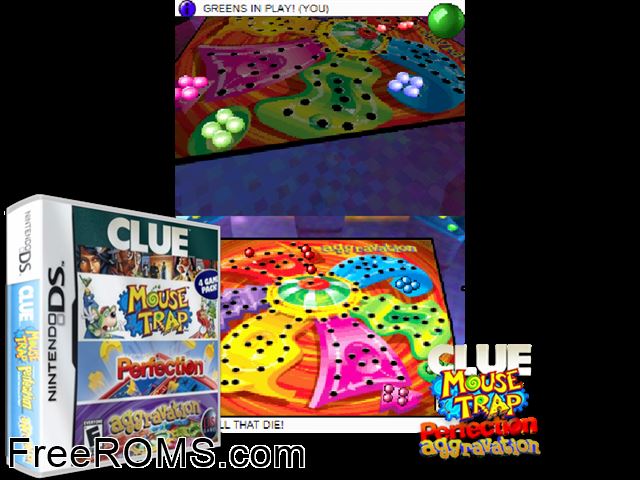 Clue - Mouse Trap - Perfection - Aggravation NDS game showing 3D box cover and gameplay screenshot