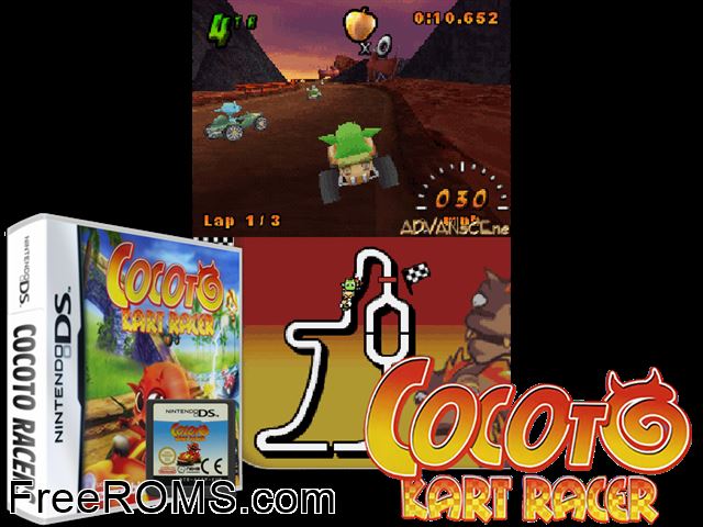 Cocoto - Kart Racer Europe NDS game showing 3D box cover and gameplay screenshot
