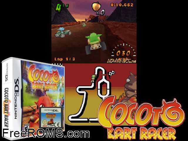 Cocoto Kart Racer NDS game showing 3D box cover and gameplay screenshot