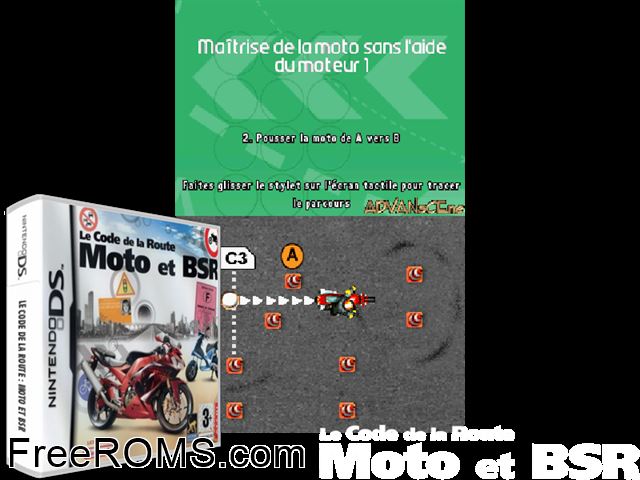Code de la Route - Moto et BSR, Le France NDS game showing 3D box cover and gameplay screenshot