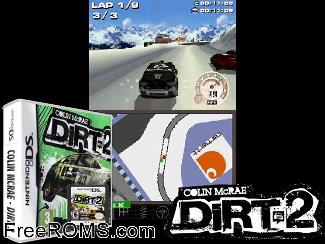 Colin McRae - DiRT 2 Europe NDS game showing 3D box cover and gameplay screenshot