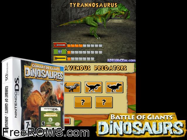 Combat of Giants - Dinosaurs Europe NDS game showing 3D box cover and gameplay screenshot