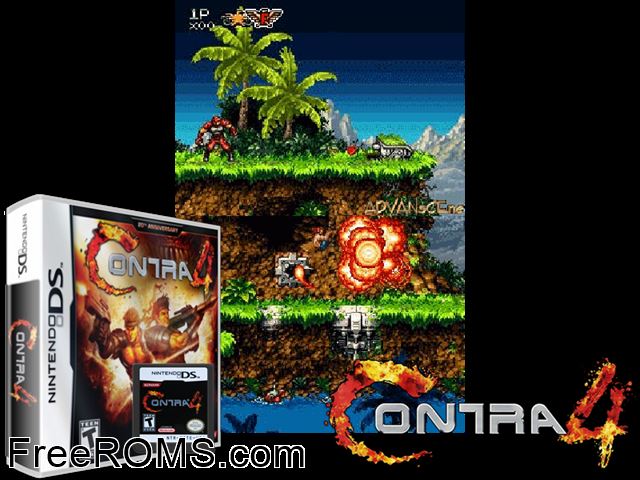 Contra 4 NDS game showing 3D box cover and gameplay screenshot