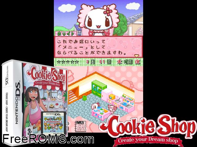 Cookie Shop - Create Your Dream Shop Europe NDS game showing 3D box cover and gameplay screenshot