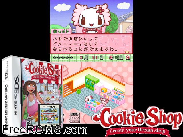 Cookie Shop Create your Dream Shop NDS game showing 3D box cover and gameplay screenshot