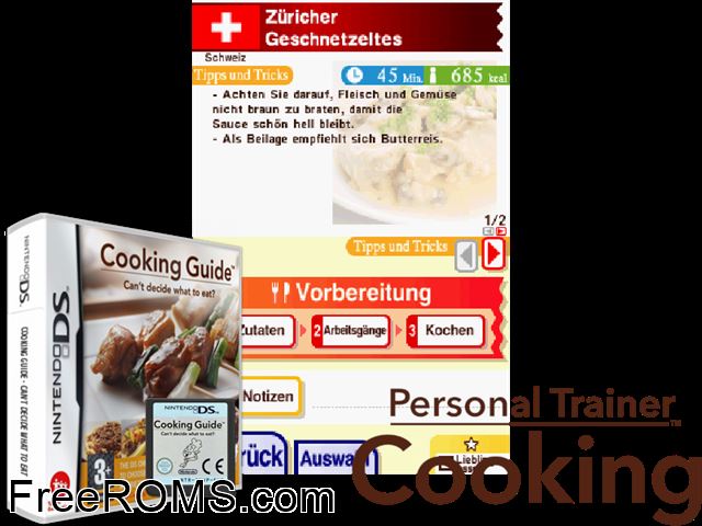 Cooking Guide - Cant Decide What to Eat Europe NDS game showing 3D box cover and gameplay screenshot