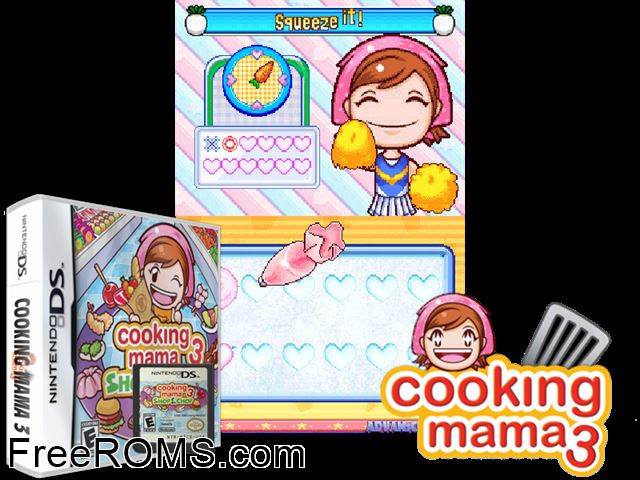Cooking Mama 3 - Shop and Chop NDS game showing 3D box cover and gameplay screenshot