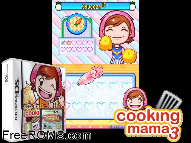 Cooking Mama 3 Europe NDS game showing 3D box cover and gameplay screenshot