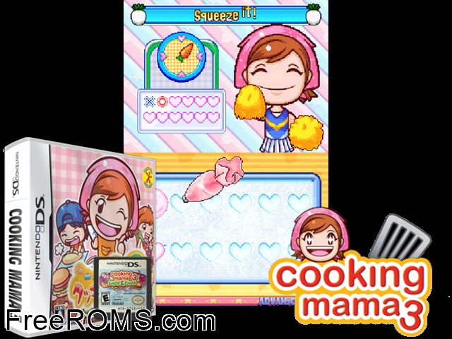 Cooking Mama 3 Japan NDS game showing 3D box cover and gameplay screenshot