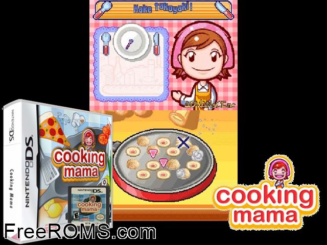 Cooking Mama Europe NDS game showing 3D box cover and gameplay screenshot
