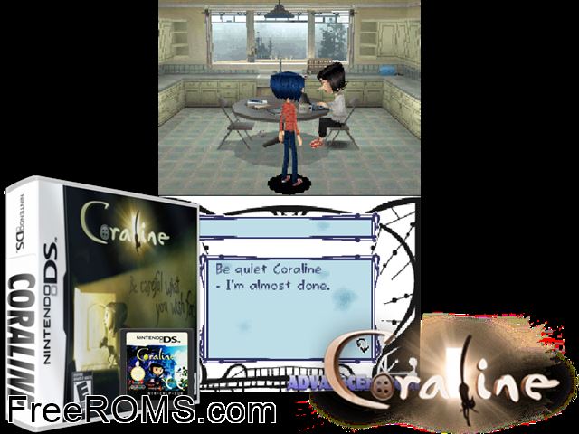 Coraline NDS game showing 3D box cover and gameplay screenshot