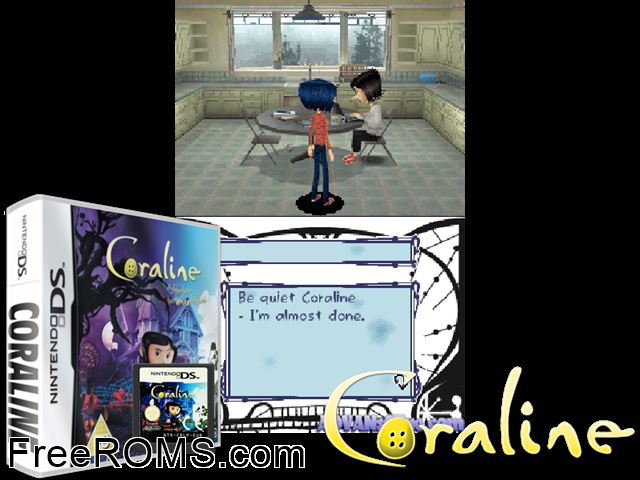 Coraline Europe NDS game showing 3D box cover and gameplay screenshot