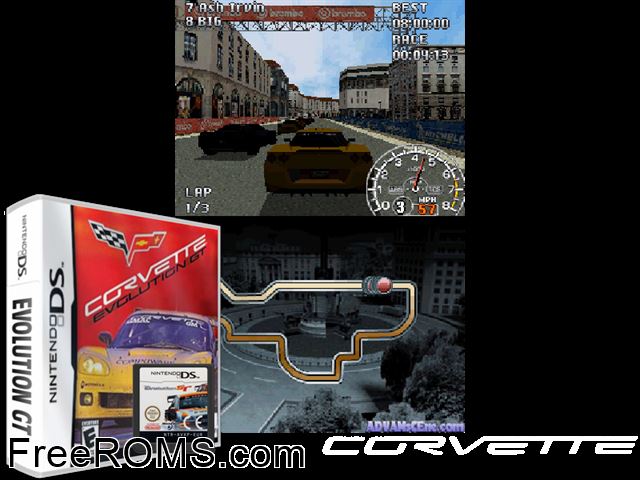 Corvette Evolution GT NDS game showing 3D box cover and gameplay screenshot