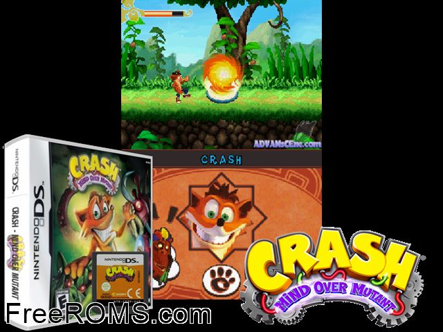 Crash - Mind Over Mutant NDS game showing 3D box cover and gameplay screenshot