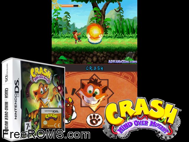 Crash - Mind Over Mutant Europe NDS game showing 3D box cover and gameplay screenshot