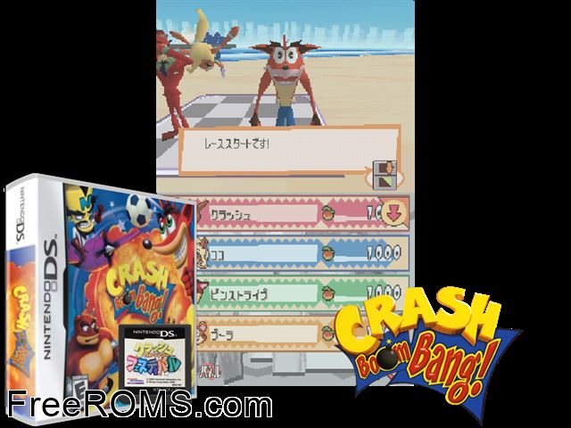 Crash Boom Bang! NDS game showing 3D box cover and gameplay screenshot