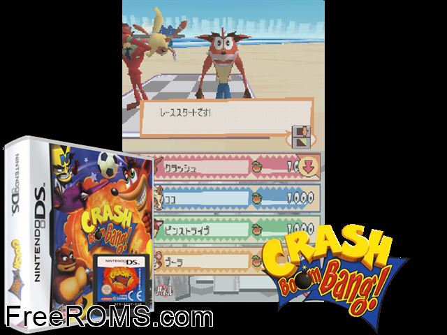 Crash Boom Bang! Europe NDS game showing 3D box cover and gameplay screenshot