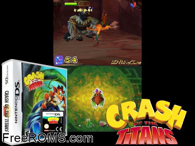 Crash of the Titans Europe NDS game showing 3D box cover and gameplay screenshot