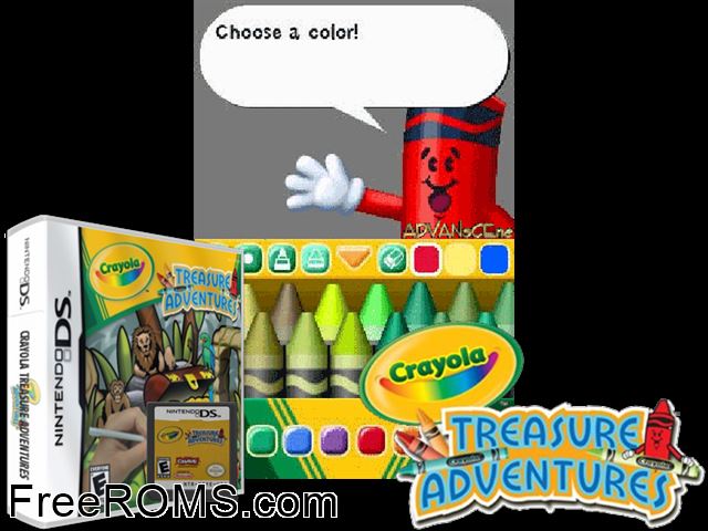 Crayola Treasure Adventures Europe NDS game showing 3D box cover and gameplay screenshot