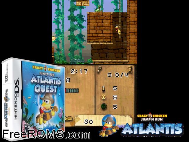 Crazy Chicken - Jumpn Run - Atlantis Quest NDS game showing 3D box cover and gameplay screenshot