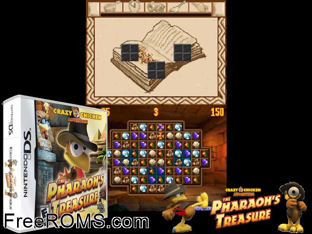 Crazy Chicken Adventure - The Pharaohs Treasure NDS game showing 3D box cover and gameplay screenshot