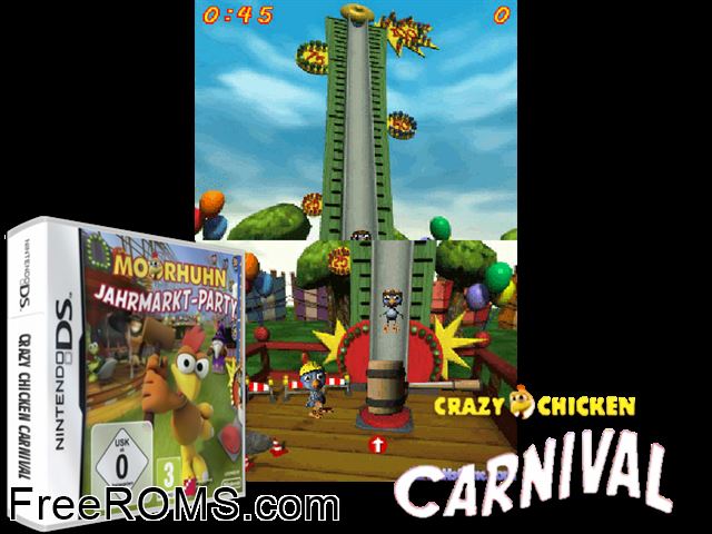 Crazy Chicken Carnival Europe NDS game showing 3D box cover and gameplay screenshot
